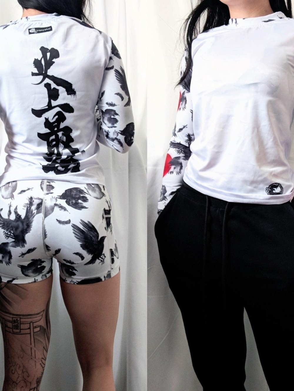Iron Yokai Compression Workout Japanese White Raven-Print Red Moon Print